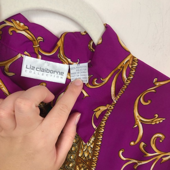 VINTAGE Liz Claiborne Purple Pink Filigree Vegas Button Down Top size Medium - Picture 9 of 10